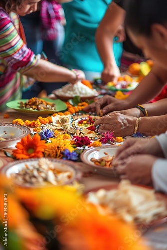 Hands crafting traditional ofrenda with marigolds for Dia de los