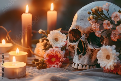 Skull adorned with flowers surrounded by candles