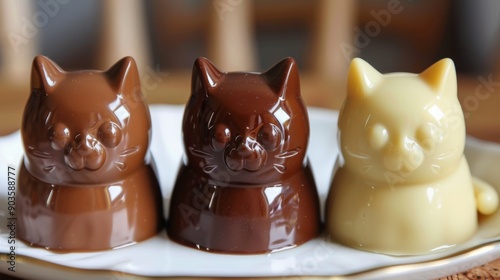 Cat shaped chocolates in various shades of brown on a white plate. Handmade desserts for cat lovers photo