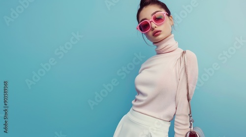 Fashionable confident woman wearing pink wraparound sunglasses, turtleneck, white skirt, with trendy metallic leather bag posing on blue background