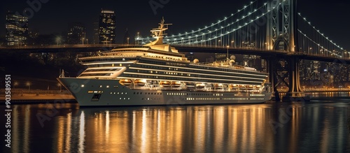 cruise ship passes the bridge in the middle of the city at night