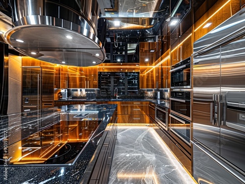 kitchen in a luxury doomsday bunker, equipped with stainless steel appliances, granite countertops, and custom cabinetry photo