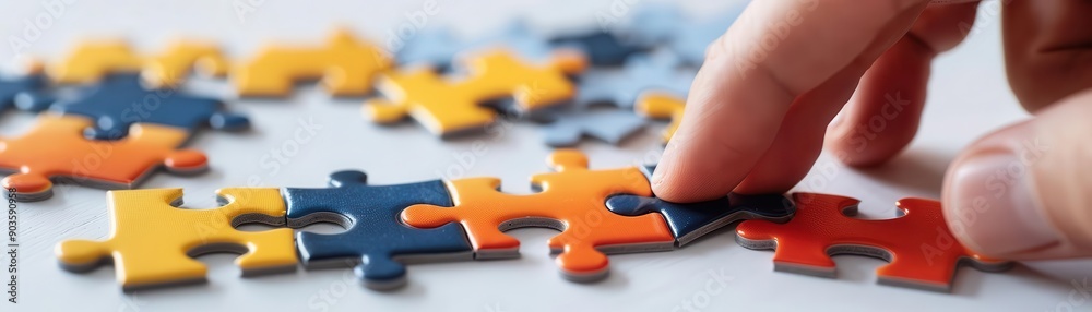 Fototapeta premium Hand completing jigsaw puzzle, illustrating business success strategy, plain backdrop