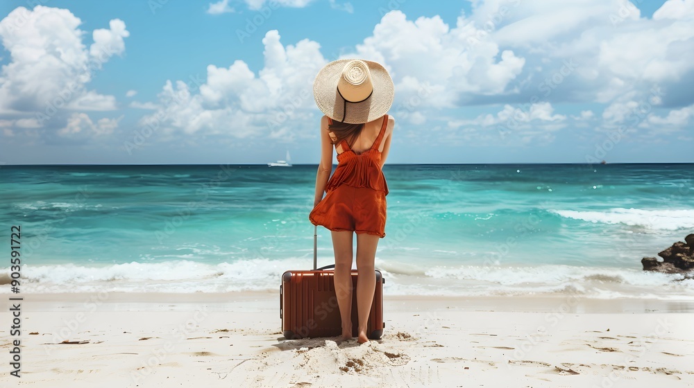 Travel woman with suitcase on beach