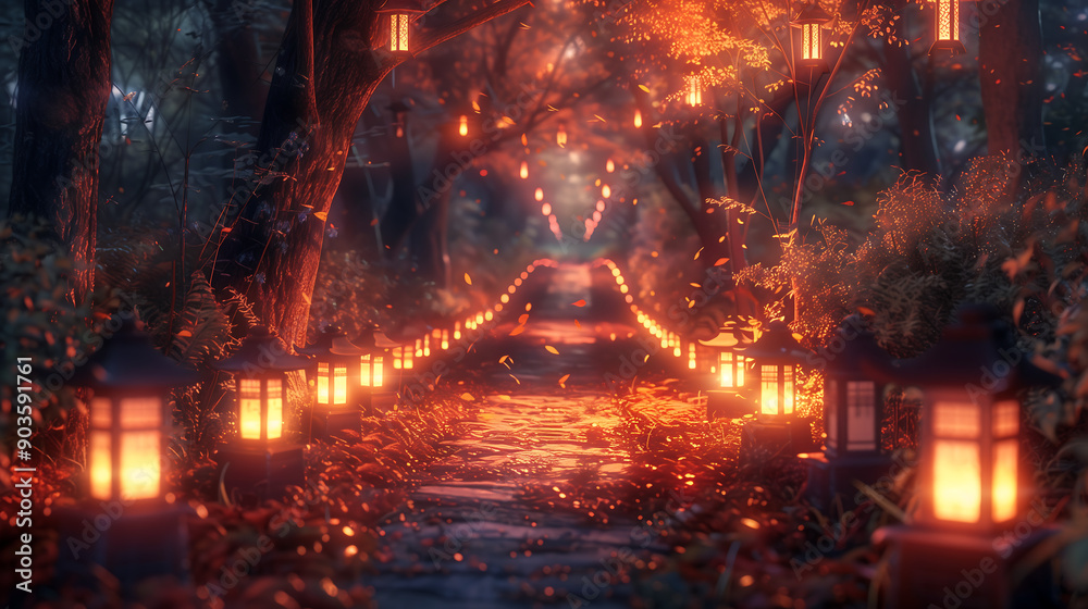 Fototapeta premium path in the woods illuminated by lanterns autumn leaves falling around it fantasy anime style