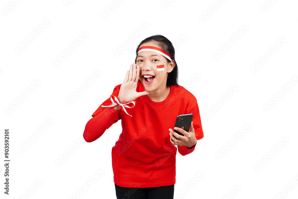 An Indonesian woman celebrating Indonesia's independence day on 17 August while holding smartphone with blank screen isolated transparent An Indonesian woman celebrating Indonesia's independence day on 17 August while holding smartphone with blank screen isolated transparent