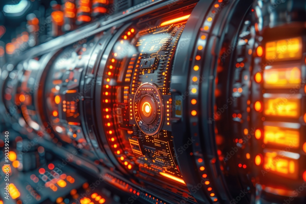 Close-up view of a futuristic server room with glowing LEDs and intricate digital circuits, representing advanced technology and data processing.