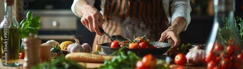 Person preparing a homecooked meal next to fresh ingredients, focusing on selfcare through cooking, photo