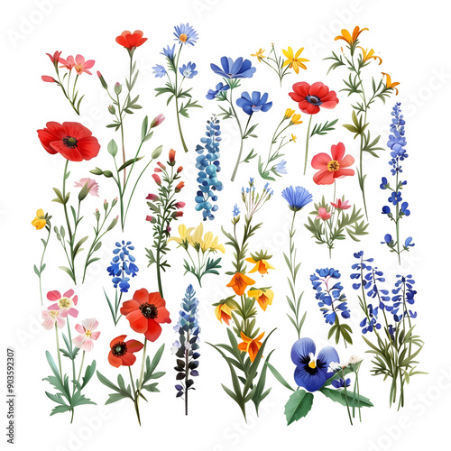 Plants and flowers in a isolated transparent background,Watercolor wildflowers and leaves illustration set, Set of wildflowers, Watercolor floral,wedding invitation, pattern,leaf,Nature clip art,Ai