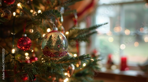 A close-up of a Christmas tree ornament with a painted winter scene, adorned with twinkling lights and a blurry view of a window with a festive setting. The ornament represents joy, celebration, famil photo