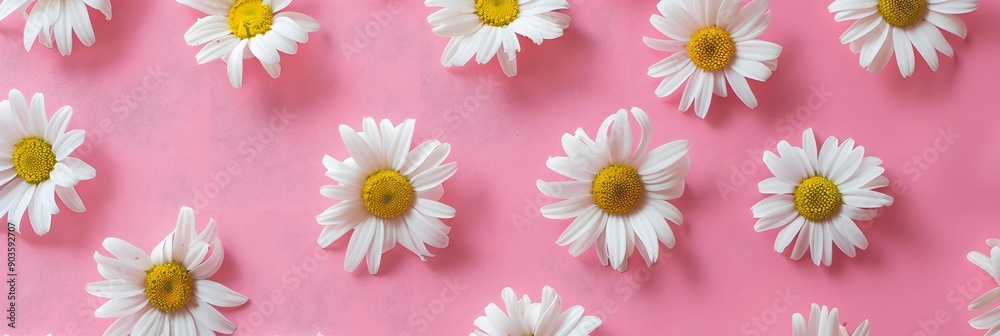 Obraz premium Top view white daisy flowers on pink background, Flat lay minimal
