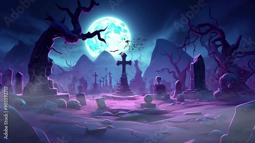 spooky graveyard in halloween night with pumpkin and bats