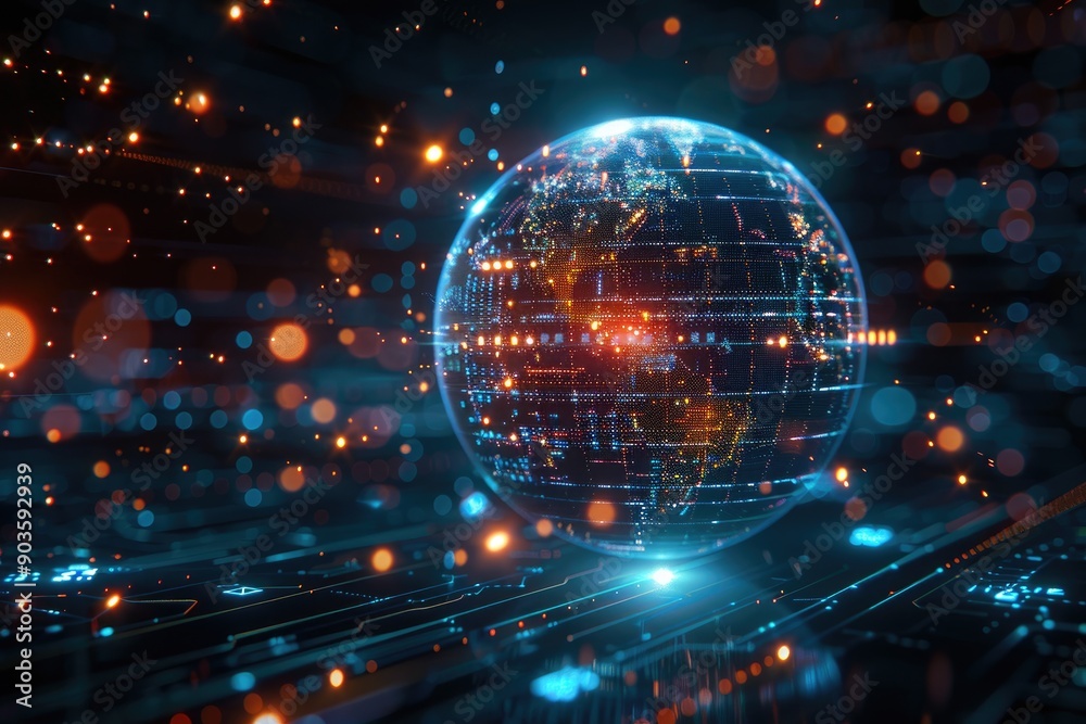 Futuristic digital blue and orange glowing globe with connection lines representing global technology and networking concepts. Futuristic digital blue and orange glowing globe with connection lines representing global technology and networking concepts.