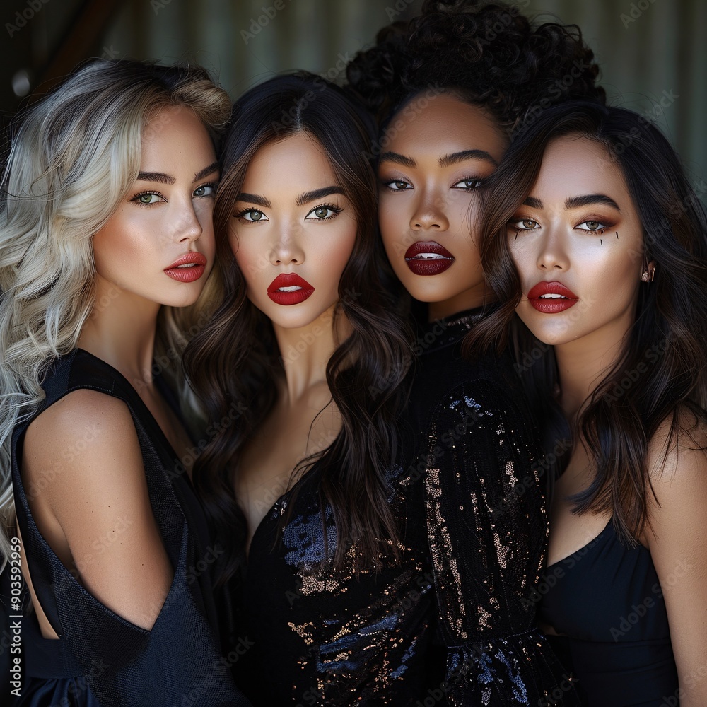 Stylish Group Portrait of Women with Bold Makeup Stylish Group Portrait of Women with Bold Makeup
