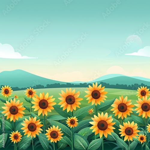 Beautiful sunflower field with vibrant yellow flowers and green leaves on a sunny day, with rolling hills and blue sky in the background.