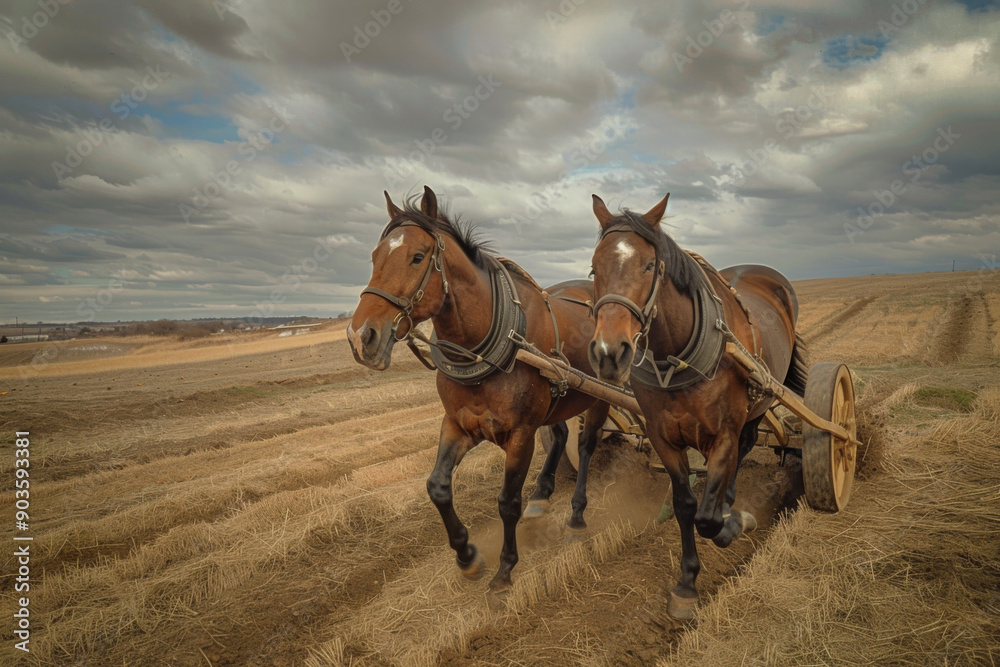 Two Brown Horses Pulling a Wagon Through a Field