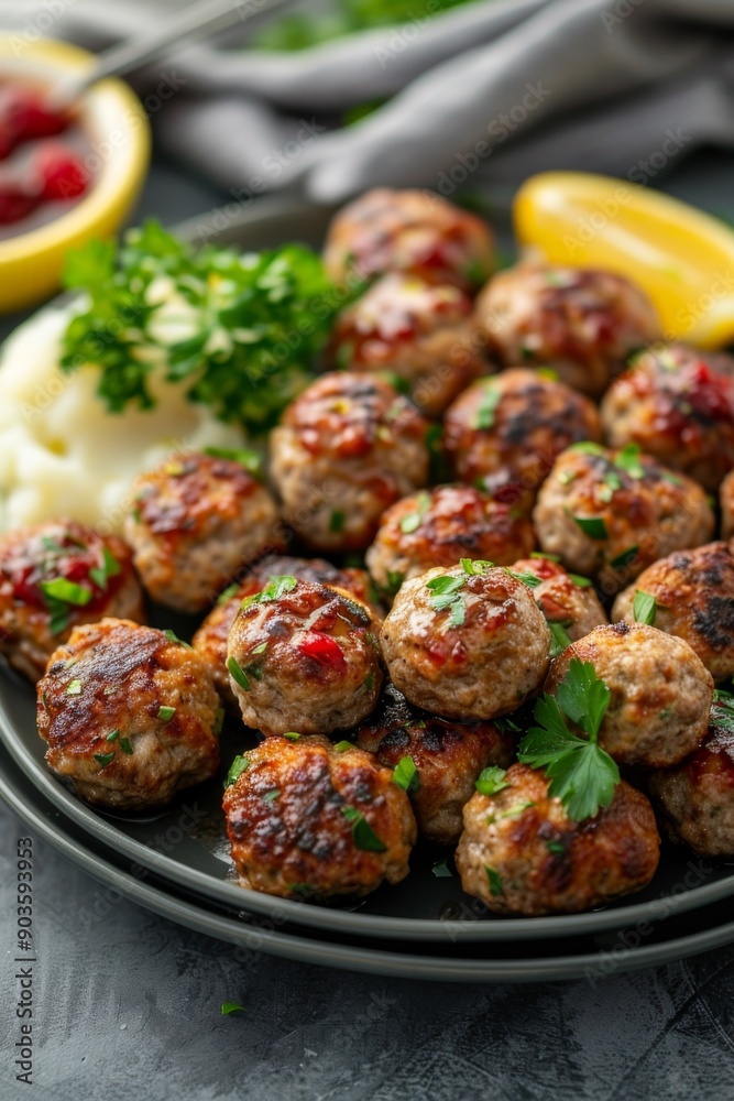 Swedish Meatballs, Köttbullar: A plate of traditional Swedish meatballs served with creamy gravy, cranberry sauce, and mashed potatoes. Swedish Meatballs, Köttbullar: A plate of traditional Swedish meatballs served with creamy gravy, cranberry sauce, and mashed potatoes.