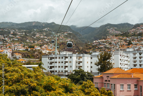 Cityscape and tram in Funchal in Madeira, Portugal 