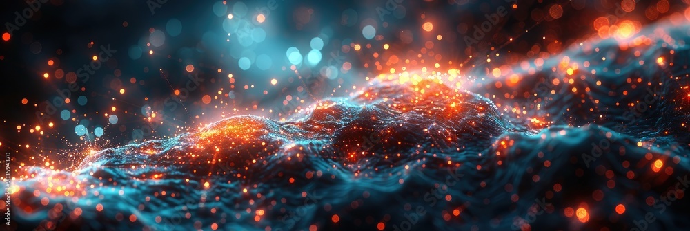 Vibrant abstract representation of an energy wave with bright neon lights and particles, symbolizing technology and futuristic concepts.