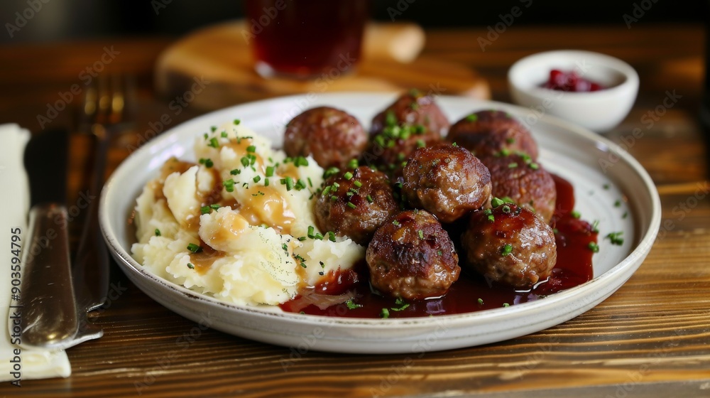 Swedish Meatballs, Köttbullar: A plate of traditional Swedish meatballs served with creamy gravy, cranberry sauce, and mashed potatoes. Swedish Meatballs, Köttbullar: A plate of traditional Swedish meatballs served with creamy gravy, cranberry sauce, and mashed potatoes.