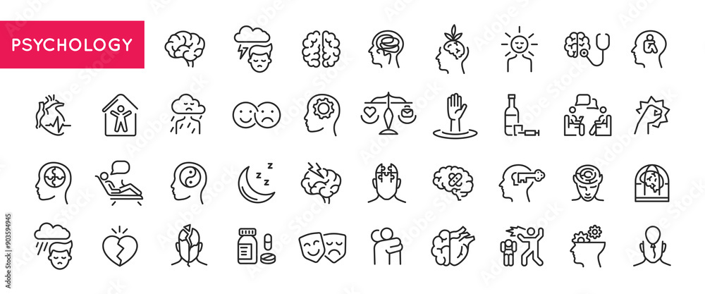 Psychology and mental health icons. Large set of psychology and mental health trendy minimal icons. Brain, Emotions icon. Design signs for web page, mobile app, packaging design. Vector illustration Psychology and mental health icons. Large set of psychology and mental health trendy minimal icons. Brain, Emotions icon. Design signs for web page, mobile app, packaging design. Vector illustration