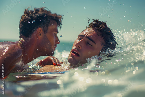 A lifeguard on the beach looking to help a person in trouble photo