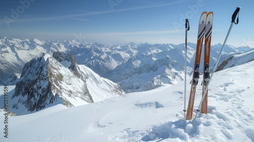 pair of skis and poles standing upright in the snow on a mountain slope, with a panoramic view of the surrounding peaks