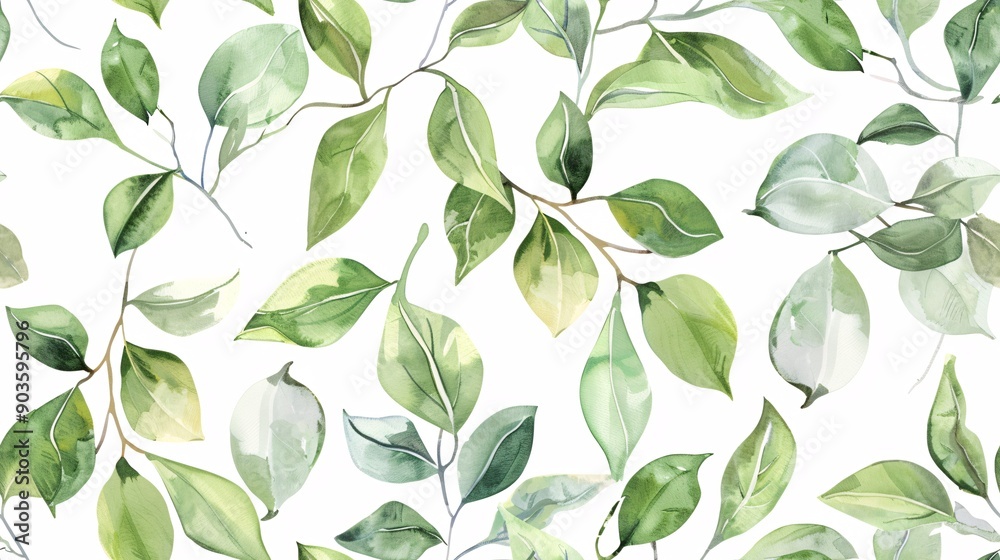 Watercolor leaves in a leafy pattern on a branch. Watercolor leaves in a leafy pattern on a branch.