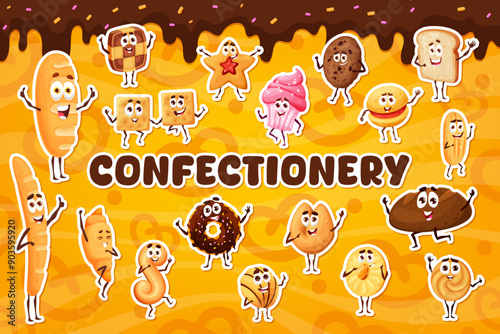 Cartoon funny bakery and pastry characters stickers pack. Vector baked goods like bread, croissant, cupcake and baguette. Checkerboard and star-shaped cookies, donut, macaron and cracker confectionery