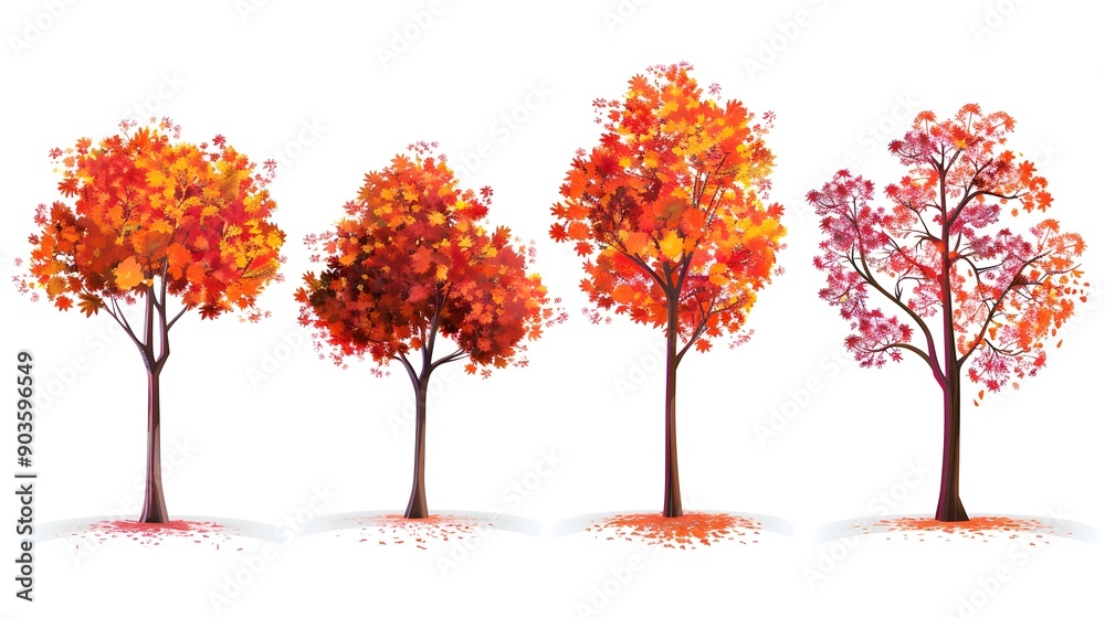 Fototapeta premium Set of Autumn tree with red and orange foliage isolated on white background
