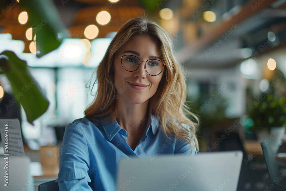 Fototapeta premium beautiful business lady in a blue shirt, sitting at the desk and looking to the laptop during meeting in the modern office