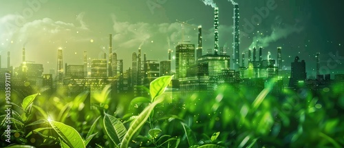 Green Industry, Fresh eco green plant leaves with blur Industrial metro background for modern factory ecology backdrop.