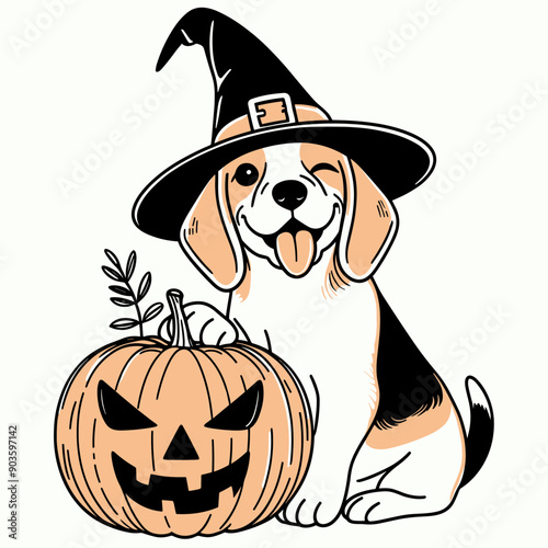  Beagle Dog Wearing Witch Hat On Pumpkin Halloween Costume Cute Cartoon   Vector svg Clipart