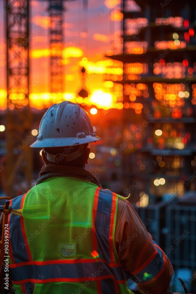 Obraz premium Construction Worker Observing Sunset at Building Site with Safety Gear and Reflective Vest