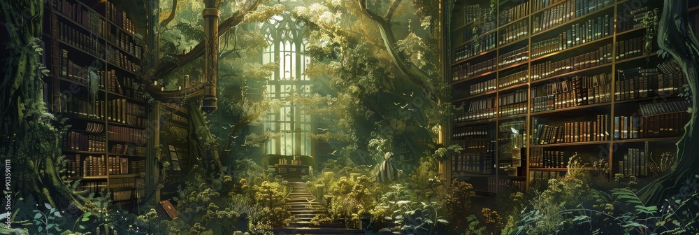 A magical library surrounded by lush greenery, with sunlight filtering through the leaves, symbolizes the connection between knowledge and nature, the passage of time, the beauty of decay, the power o A magical library surrounded by lush greenery, with sunlight filtering through the leaves, symbolizes the connection between knowledge and nature, the passage of time, the beauty of decay, the power o