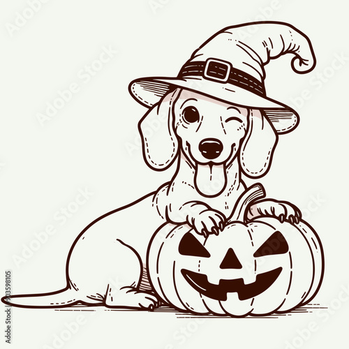  Dachshund Dog Wearing Witch Hat On Pumpkin Halloween Costume Cute Cartoon   Vector svg Clipart