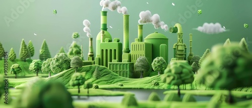 Green Industry, Fresh eco green plant leaves with blur Industrial metro background for modern factory ecology backdrop.