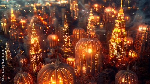 New York City made of halloween pumpkins and lights, jack - o - lantern