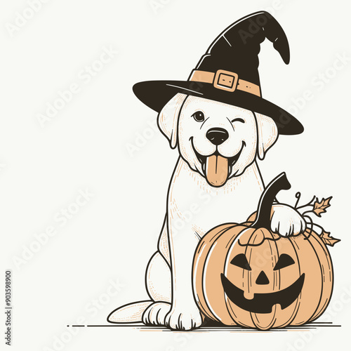  Labrador Retriever Dog Wearing Witch Hat On Pumpkin Halloween Costume Cute Cartoon   Vector svg Clipart