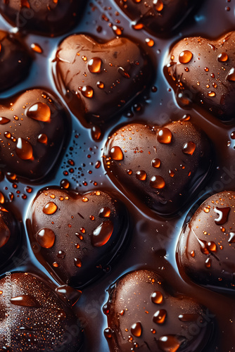 A bunch of chocolate hearts with water droplets on them