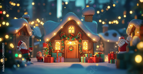 3D render, a cute little house decorated with Christmas garland and colorful gift boxes stands in the center of a cozy village surrounded by happy Santa Clauses holding gifts on Christmas night. Carto photo