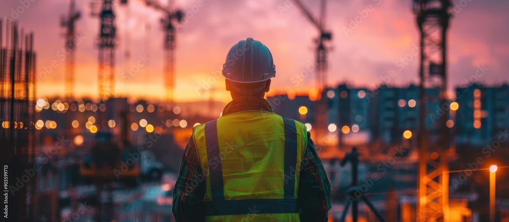 Construction Worker Overlooking Urban Development Site at Sunset with Tower Cranes in the Background Construction Worker Overlooking Urban Development Site at Sunset with Tower Cranes in the Background
