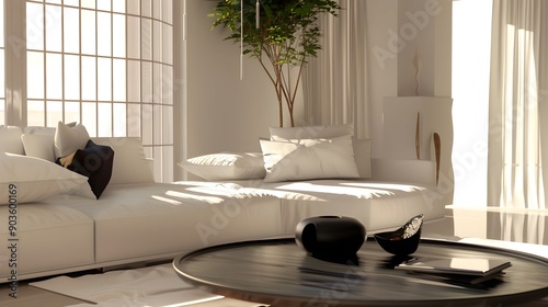 Modern living room with white sofa, in the style of classic japanese simplicity