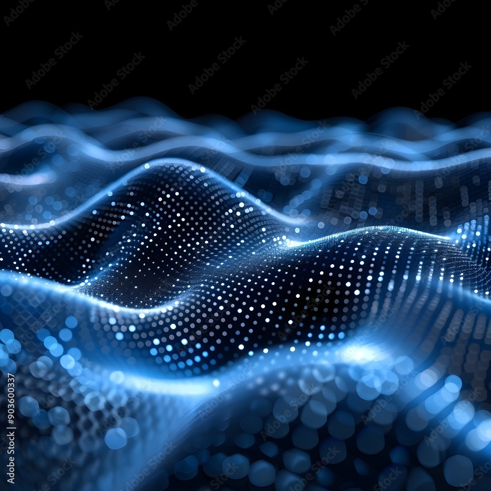 Fluid waveforms illuminated by blue dots against a dark background. The dots create a sense of depth and movement, giving the image a futuristic and technological aesthetic. Fluid waveforms illuminated by blue dots against a dark background. The dots create a sense of depth and movement, giving the image a futuristic and technological aesthetic.