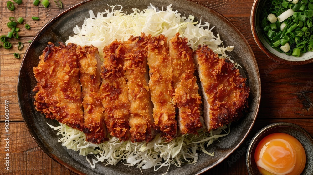 Crispy Tonkatsu with Shredded Cabbage and a Raw Egg Crispy Tonkatsu with Shredded Cabbage and a Raw Egg