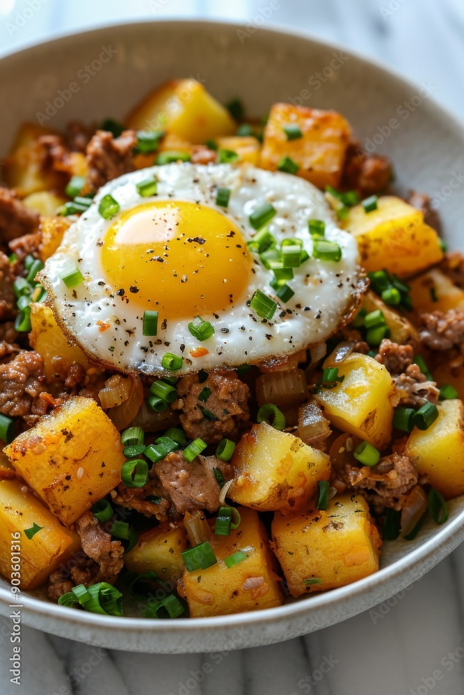 A dish of diced potatoes, onions, and meat, fried in skillet and served with a fried egg on top. A dish of diced potatoes, onions, and meat, fried in skillet and served with a fried egg on top.