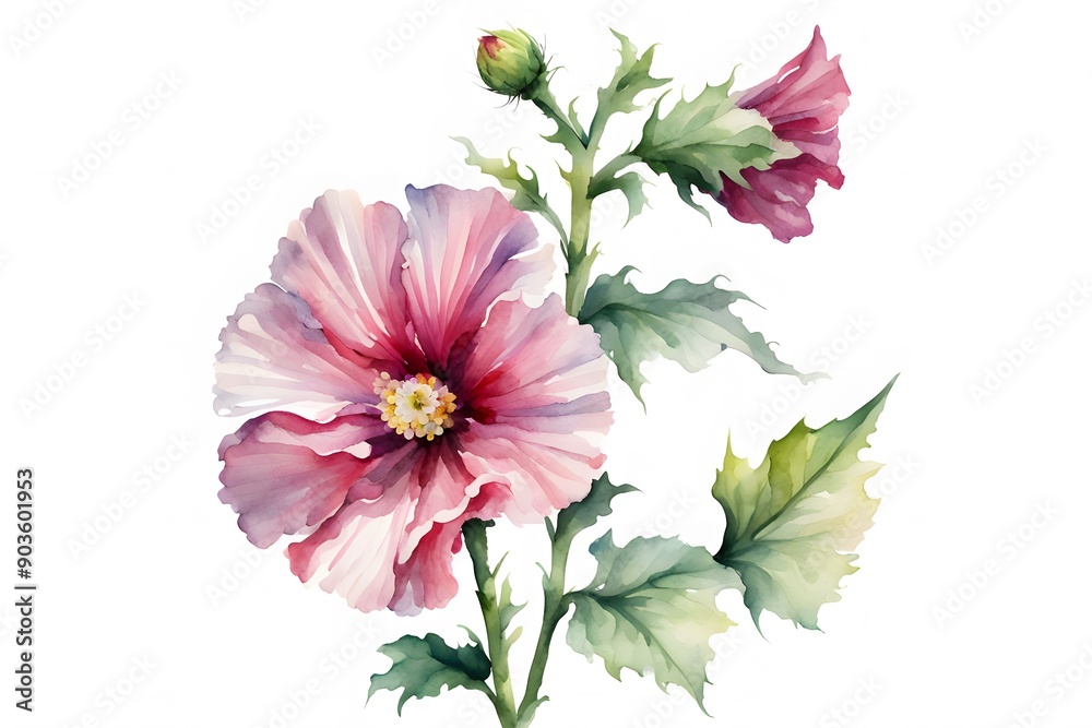Obraz premium Watercolor hollyhock flower on white background, AI Generated