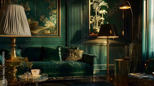Luxury green living room adorned with gold walls and a gold lamp and floor lamp, in the style of dark green and dark emerald, simplicity
