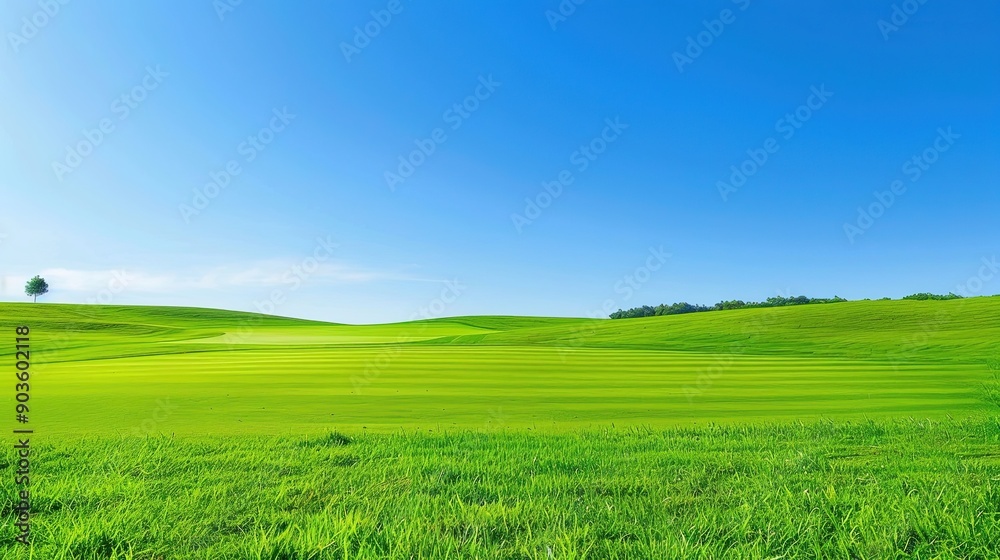 Wide view of a green golf course with blue sky, clouds, and trees in the background. Outdoor sport, open field, nature, golfing. Generative by AI Wide view of a green golf course with blue sky, clouds, and trees in the background. Outdoor sport, open field, nature, golfing. Generative by AI