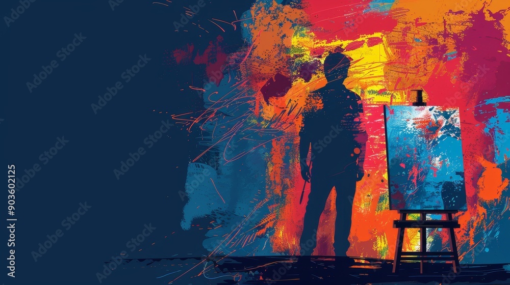 A silhouette of an artist stands before a colorful canvas, symbolizing creativity, inspiration, passion, expression, and the process of artistic creation. A silhouette of an artist stands before a colorful canvas, symbolizing creativity, inspiration, passion, expression, and the process of artistic creation.